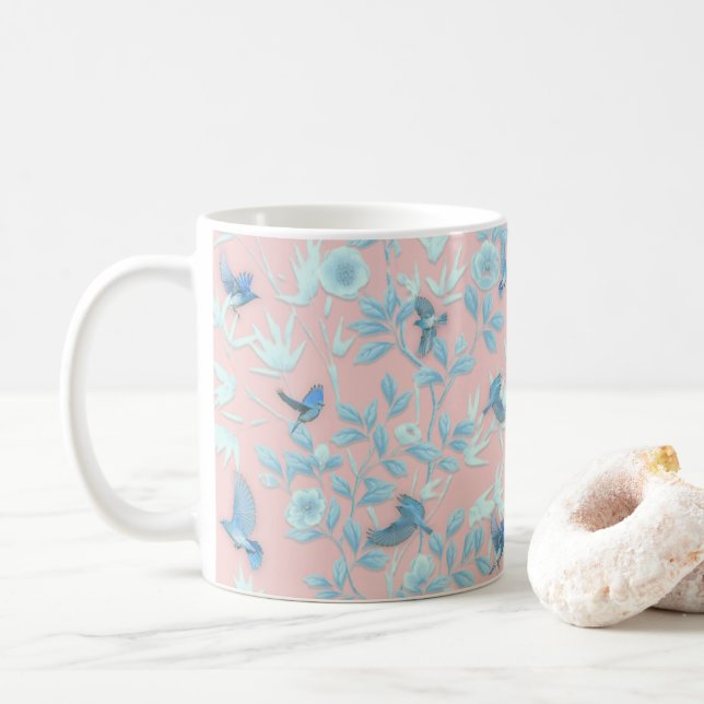 Blumen und Vögel , Hintergrundfarbe der Rose Kaffeetasse (Mit Donut)