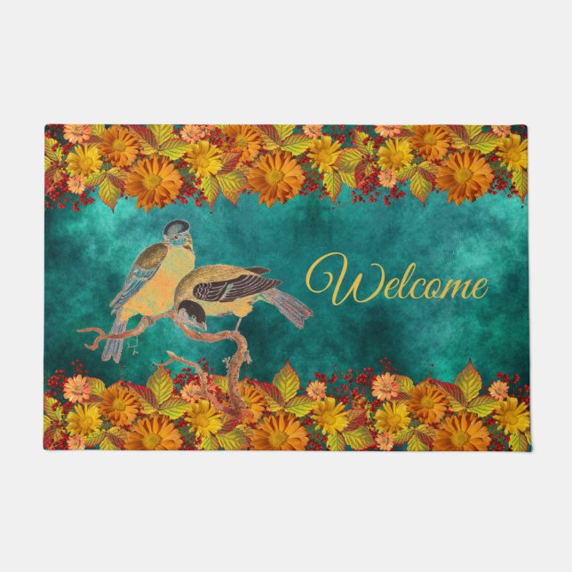 Blumen und Vögel Orange, Rot, Gelb, Aquamarin, Cus Fußmatte (Vorderseite)