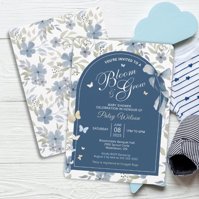 Blumen und wachsen Baby Dusche Einladung (Blue Floral Bloom and Grow Baby Shower Invitation)