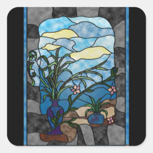 Blumen-Vasen-Pflanzen-Vintage beflecktes Glas-Art Quadratischer Aufkleber