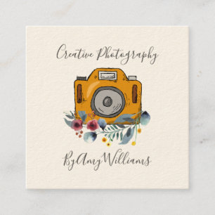 Blumen Vintage Handgezeichnete Kamera Fotografie Q Quadratische Visitenkarte