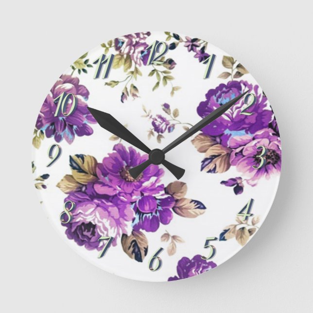 Blumen-Violett-Muster Runde Wanduhr (Vorderseite)