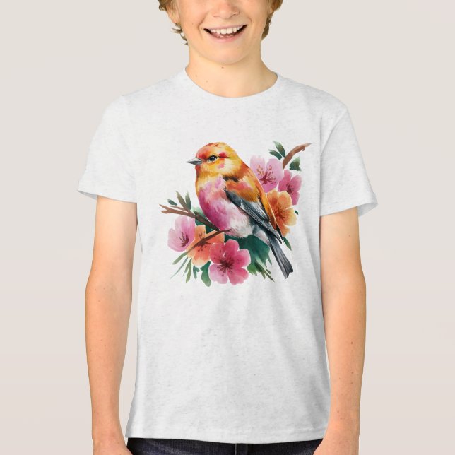 Blumen-Vogel in Rosa Tri-Blend Shirt (Vorderseite)
