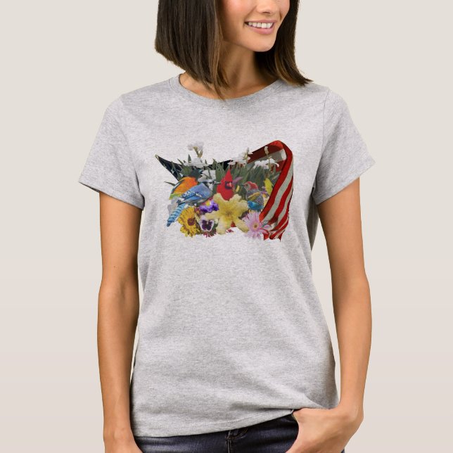 Blumen, Vögel und Flagge T - Shirt (Vorderseite)