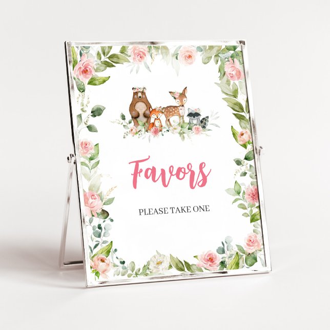 Blumen-Wald-Baby-Party-Geschenke-Schild Poster (Girl Woodland Animals Baby Shower Favors Sign)
