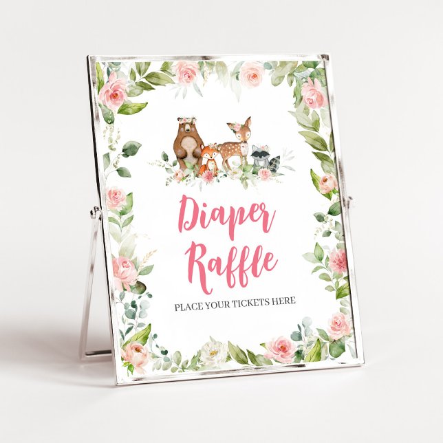 Blumen-Wald-Baby-Party-Windel-Raffle-Schild Poster (Girl Woodland Animals Baby Shower Diaper Raffle Sign)