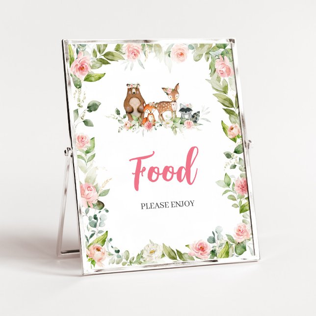 Blumen-Wald-Baby-Shower-Essensschild Poster (Girl Woodland Animals Baby Shower Food Sign)
