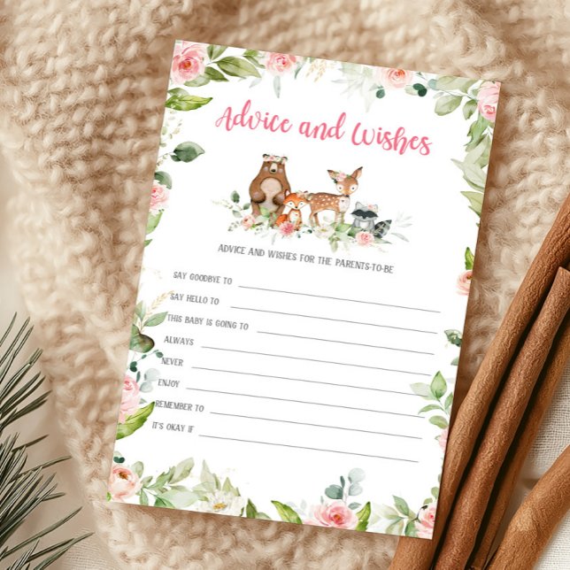 Blumen-Wald-Rat und Wünsche-Spiel (Girl Woodland Animals Baby Shower Advice and Wishes Game)