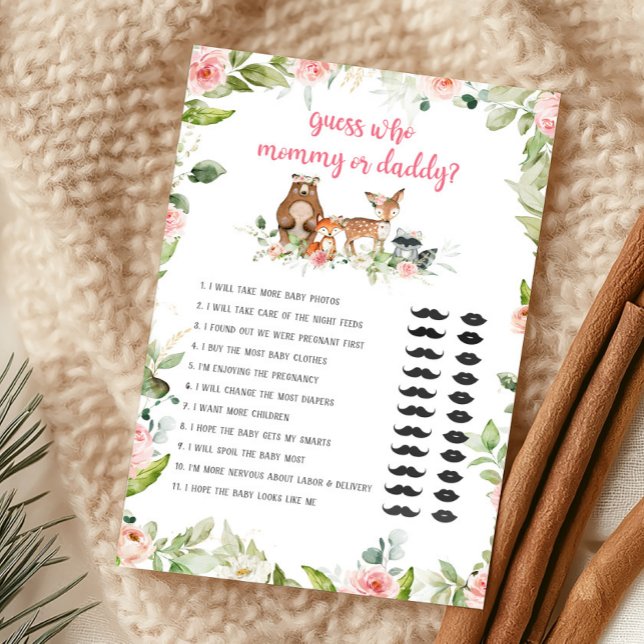 Blumen-Wald-Ratespiel: Wer ist Mami oder Papi? (Girl Woodland Animals Baby Shower Guess Who Mommy or Daddy Game)