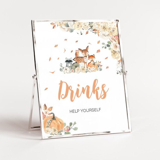 Blumen-Wald-Tiere-Getränke-Schild Poster (Floral Woodland Animals Baby Shower Drinks Sign)