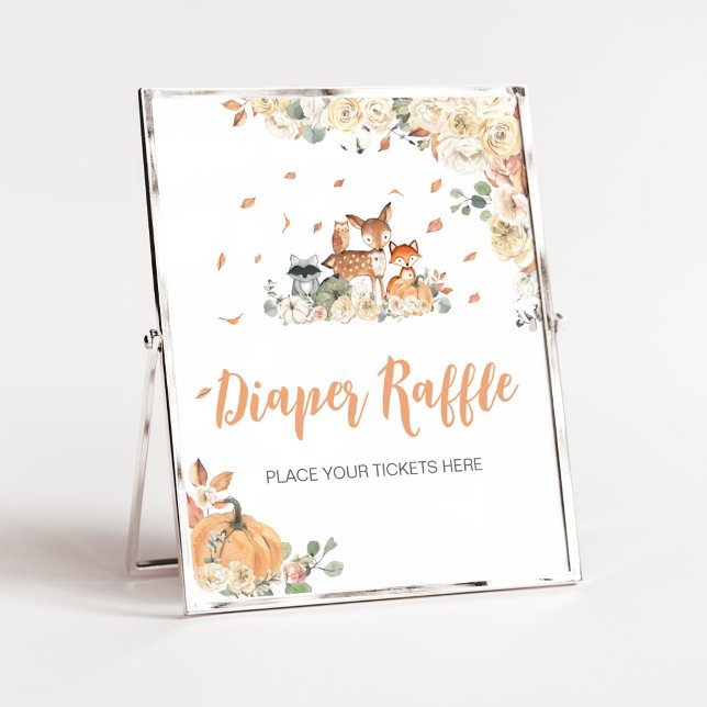 Blumen-Waldtiere-Windel-Raffle-Schild Poster (Floral Woodland Animals Baby Shower Diaper Raffle Sign)