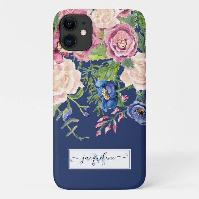 Blumen Wasserfarbener Navy Blauer Burgund Elegante Case-Mate iPhone Hülle (Rückseite)