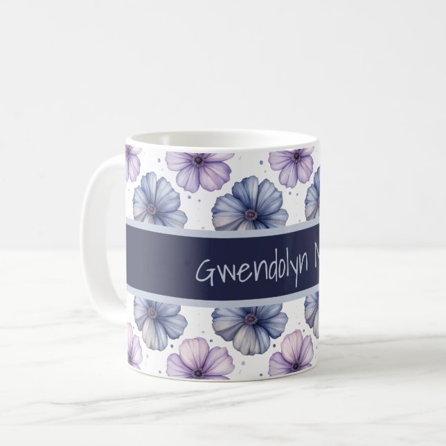 Blumen-Wasserfarbmuster Lavendel und Blau Kaffeetasse (Vorderseite Links)