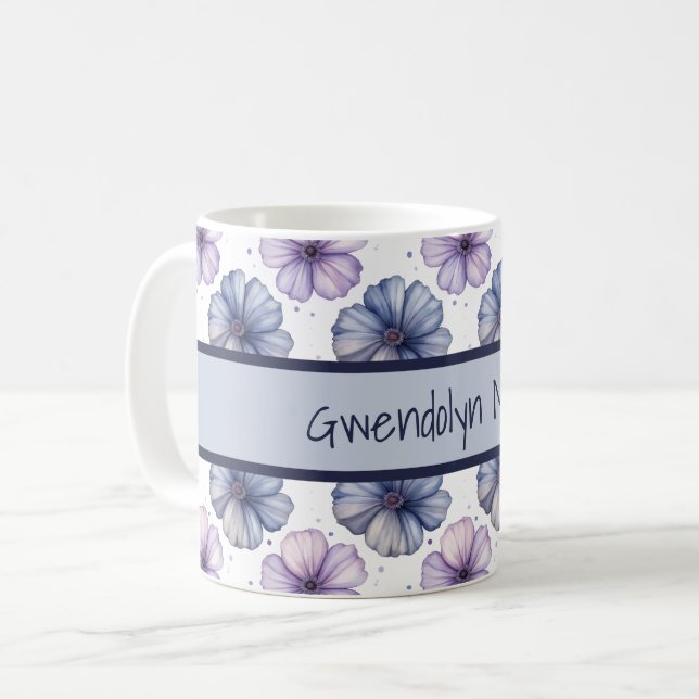 Blumen-Wasserfarbmuster Lavendel und Blau Kaffeetasse (Vorderseite Links)