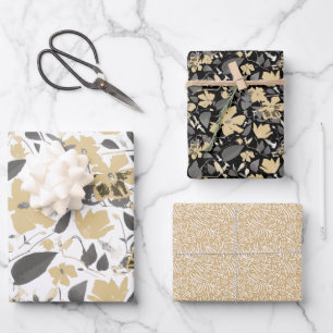 Blumen-Watercolor Gold-Grau-Decoupage-Geschenk Geschenkpapier Set