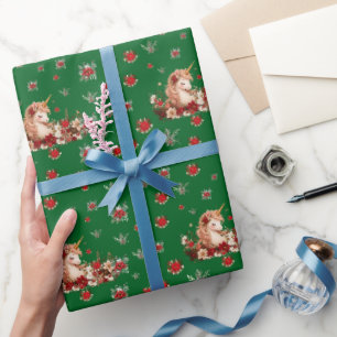 Blumen-Weihnachts-Einhorn-Grün-Mädchen-Geschenkpap Geschenkpapier