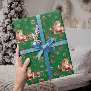 Blumen-Weihnachts-Einhorn-Grün-Mädchen-Geschenkpap Geschenkpapier