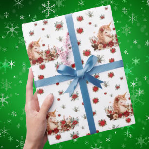 Blumen-Weihnachts-Einhorn-Kinder-Weiß-Verpackungsp Geschenkpapier