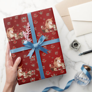 Blumen-Weihnachts-Einhorn-Rot-Mädchen-Geschenkpapi Geschenkpapier