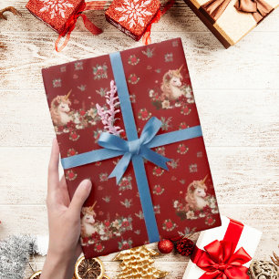 Blumen-Weihnachts-Einhorn-Rot-Mädchen-Geschenkpapi Geschenkpapier