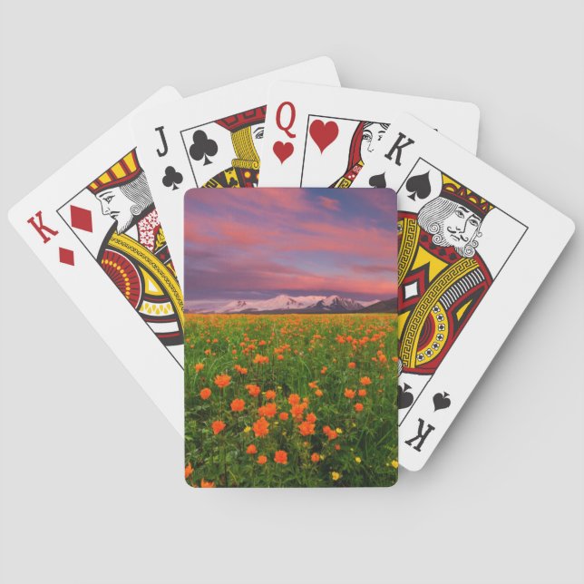 Blumen | Wildblume Felsschneebedeckte Berge Spielkarten (Rückseite)