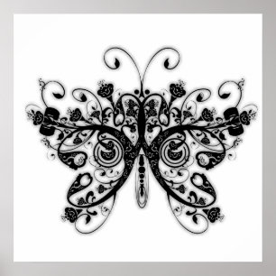 Blumen-Wirbel Schmetterling - Schwarz & Weiß Poster