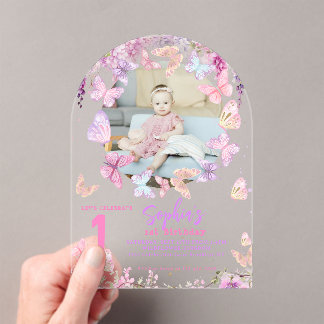 Blumen-Wisteria-Schmetterling-Kinder-Foto-Geburtst Acryleinladungen