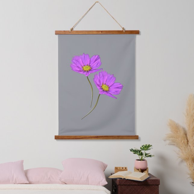 Blumen Zwei Lila Cosmos Wandteppich Mit Holzrahmen (Schlafzimmer)