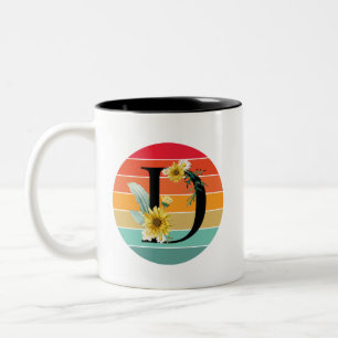 Blumenalphabet D Retro-Sonnenuntergangs-Monogramm Zweifarbige Tasse