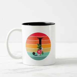 Blumenalphabet J Retro-Sonnenuntergangs-Monogramm Zweifarbige Tasse