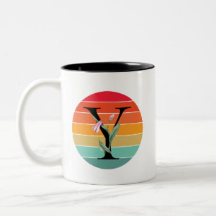 Blumenalphabet Y Retro-Sonnenuntergangs-Monogramm Zweifarbige Tasse