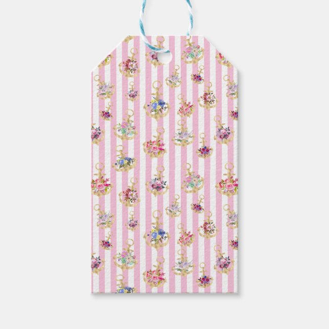 Blumenanker auf rosa Streifen - Geschenkmarke Geschenkanhänger (Vorderseite)
