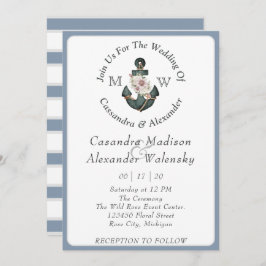 Blumenanker Nautical Wedding Dusty Blue Stripe Einladung