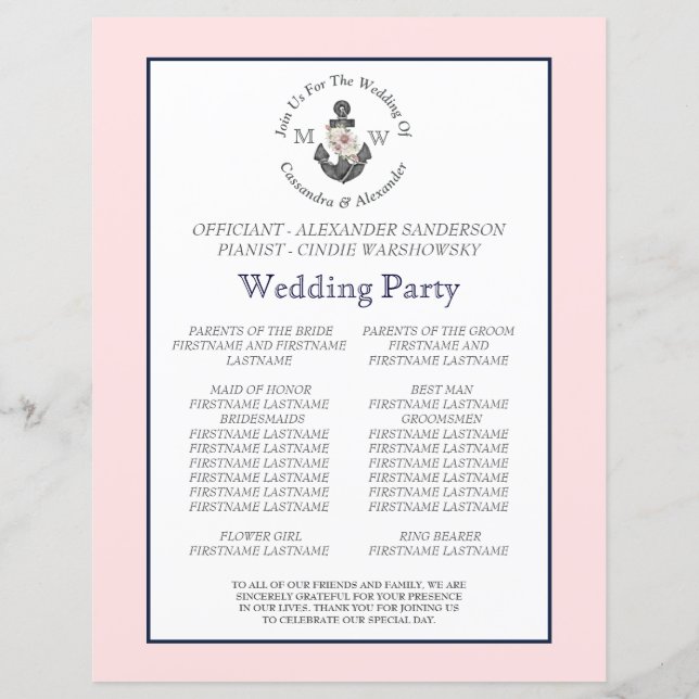 Blumenanker, nautische Hochzeit Pink Navy Blau (Rückseite)