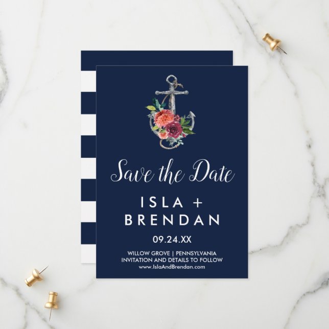 Blumenanker | Navy Autumn Save the Date Card (Vorderseite/Rückseite Beispiel)