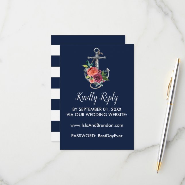 Blumenanker | Navy Autumn Website RSVP Card Karte (Vorderseite/Rückseite Beispiel)