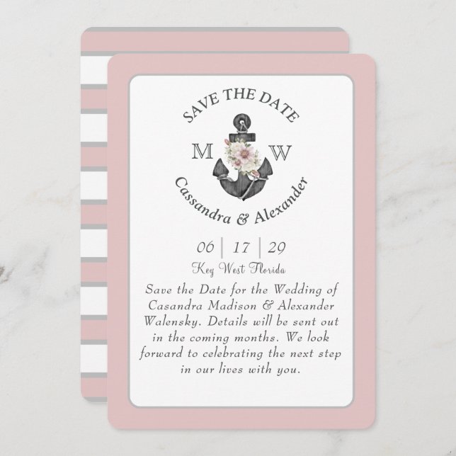 Blumenanker Navy Blue Pink Nautical Wedding Inv Einladung (Vorne/Hinten)