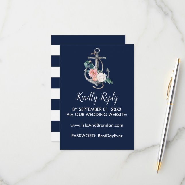 Blumenanker | Navy Summer Website RSVP Card Karte (Vorderseite/Rückseite Beispiel)