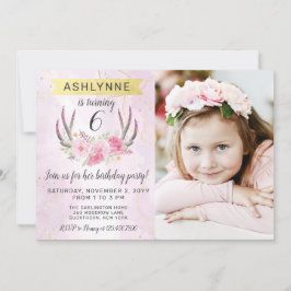 Blumenantler & Blush Pink Gold Marmor Geburtstag Einladung