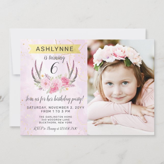 Blumenantler & Blush Pink Gold Marmor Geburtstag Einladung (Vorderseite)