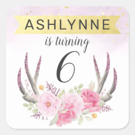 Blumenantler & Blush Pink Gold Marmor Geburtstag Quadratischer Aufkleber