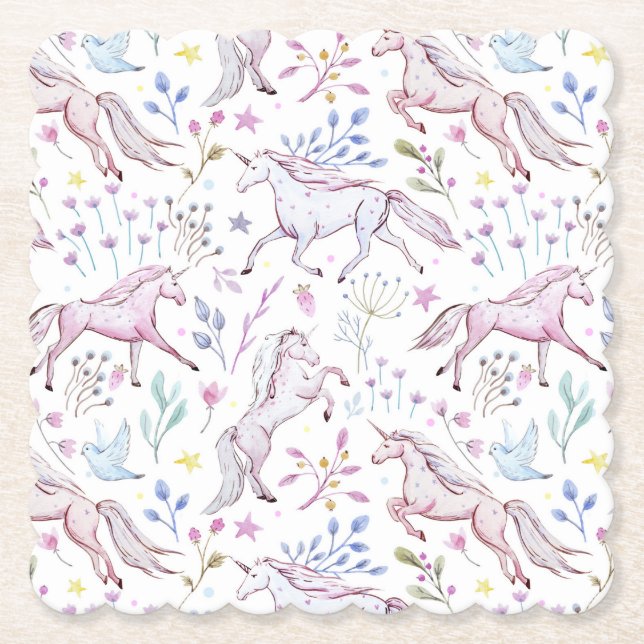 BlumenAquarell-Einhorn-Muster Untersetzer (Vorderseite)