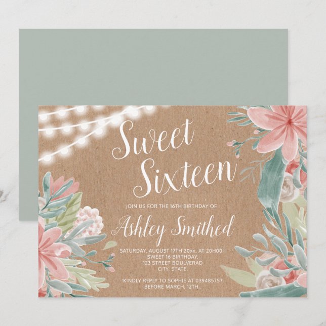 BlumenAquarell Kraftpapier-Schnur beleuchtet Einladung (Vorne/Hinten)