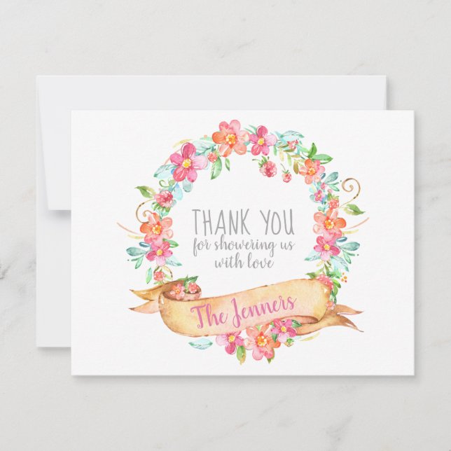 BlumenAquarell-Kranz-Dusche danken Ihnen zu merken Dankeskarte (Vorderseite)