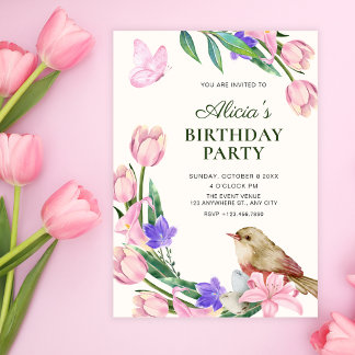 Blumenast Vogel Geburtstag Einladung