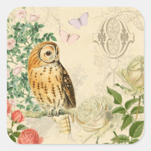 Blumenaufkleber mit Eule im Vintage-Stil mit schön Quadratischer Aufkleber