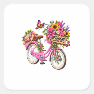 Blumenaufkleber "Optimismus" – Rosa Fahrrad-Blume Quadratischer Aufkleber