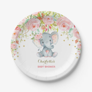 Blumenbaby-Elefant-Rosa-Goldgeburtstag 7" Platte Pappteller