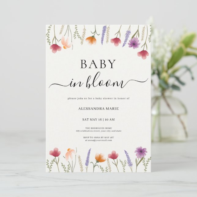 Blumenbaby im Bloom Baby Dusche Einladung (Stehend Vorderseite)
