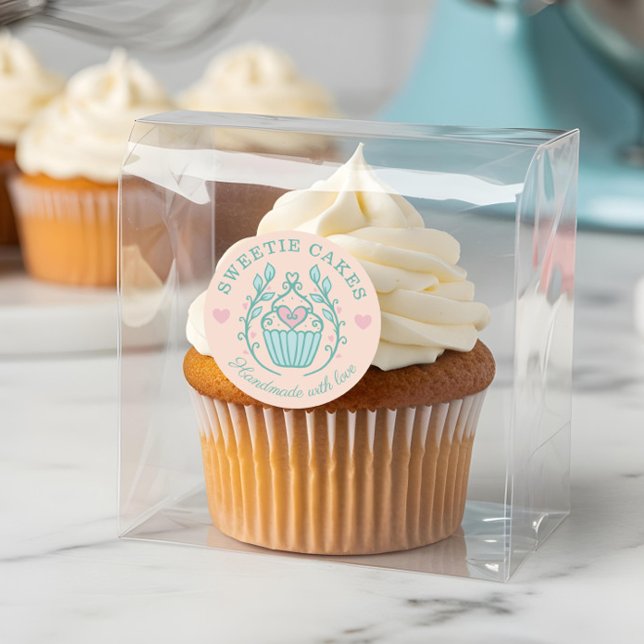 Blumenbacken Cupcake Logo Rosa Runder Aufkleber (Floral Style Bakery Cupcake Logo Blush Pink Classic Round Sticker)